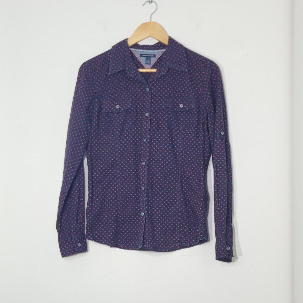 🛍️ Tommy Hilfiger Navy Blue Red Polka Dots 100% Cotton Button-Up Shirt Preppy M